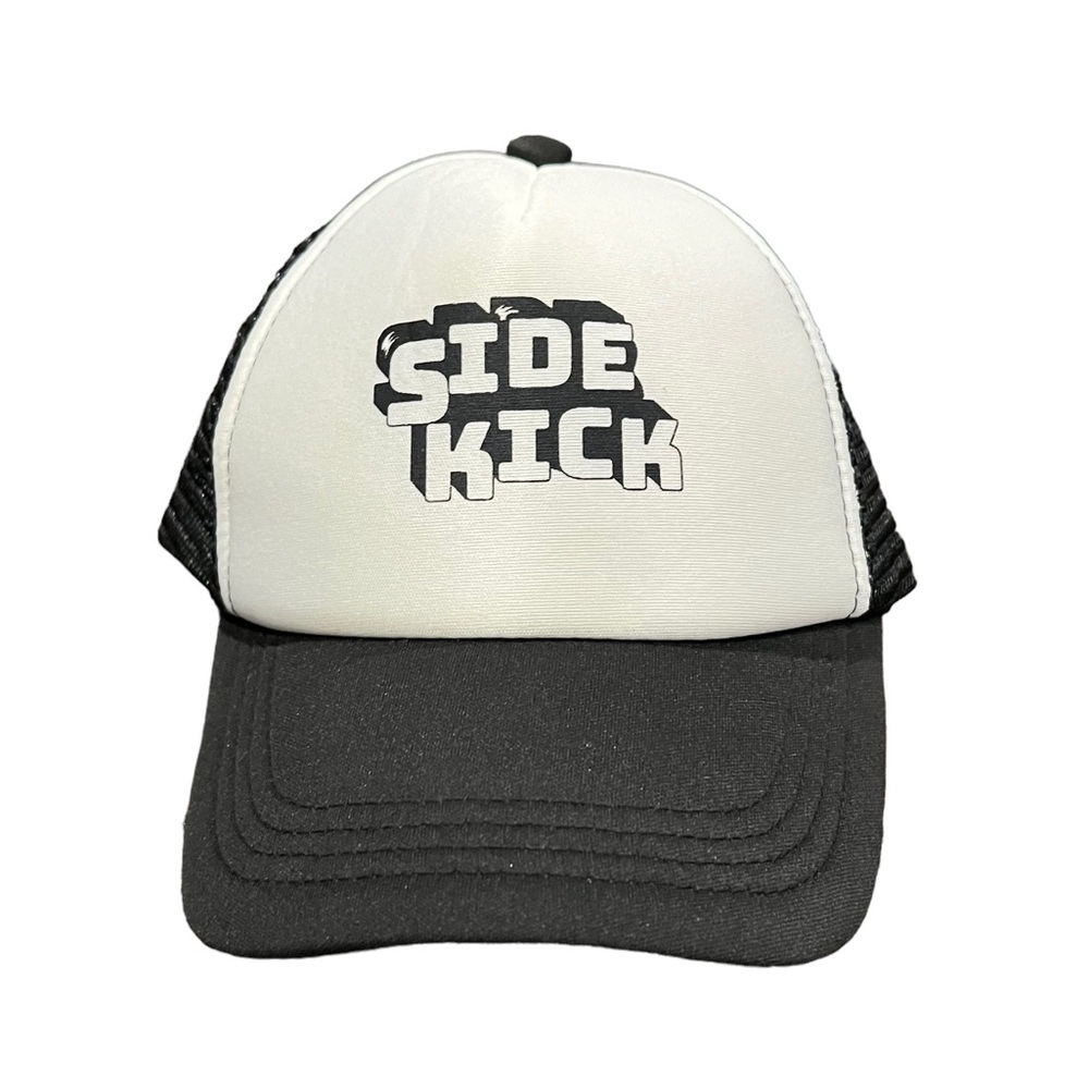 “Side Kick” Graphic Design Black & White Snapback Trucker Hat, OS, adjustable.​​